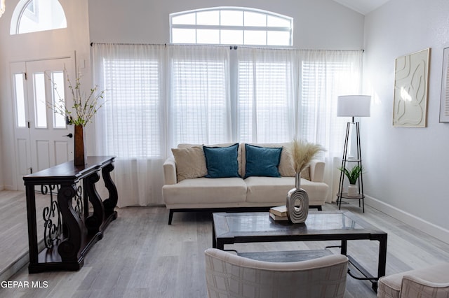 living room featuring light wood-type flooring and vaulted ceiling