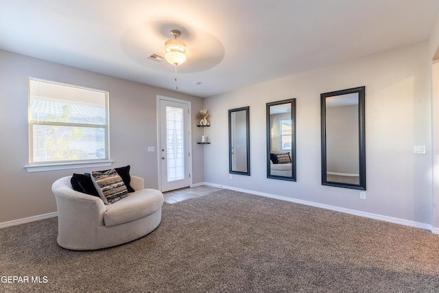 living area featuring ceiling fan and carpet