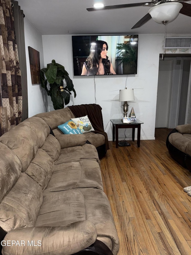 living room with ceiling fan and wood-type flooring