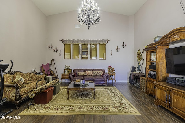 living room with high vaulted ceiling, dark wood-type flooring, and a chandelier