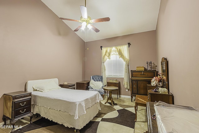 bedroom with ceiling fan and vaulted ceiling