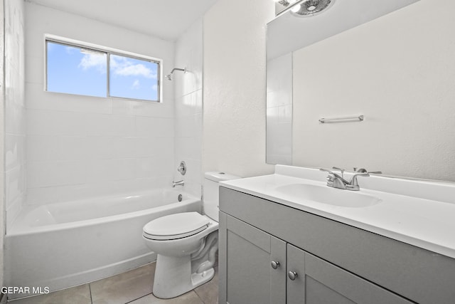 full bathroom with tile patterned flooring, toilet, vanity, and tiled shower / bath