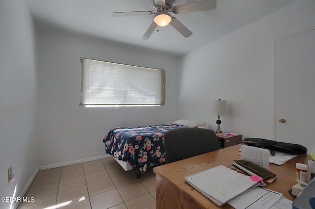 bedroom with light tile patterned flooring and ceiling fan