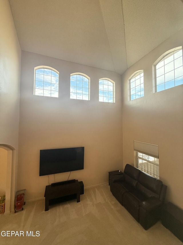 sitting room with a towering ceiling, carpet floors, and plenty of natural light