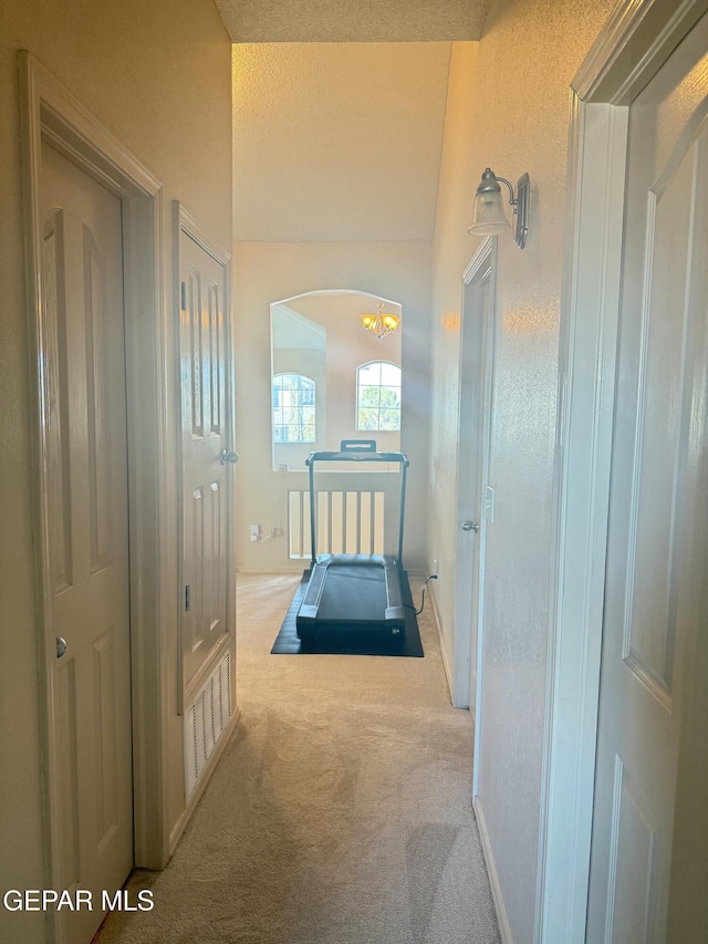 hall with lofted ceiling and light colored carpet