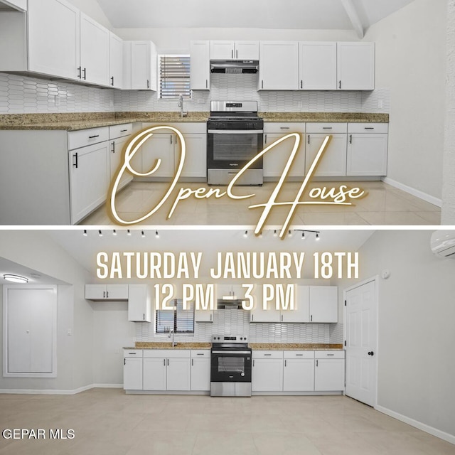 kitchen featuring white cabinets, stainless steel electric range, stainless steel gas stove, and a wall unit AC