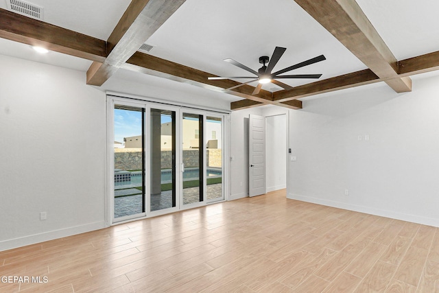 unfurnished room with coffered ceiling, light hardwood / wood-style floors, beamed ceiling, and ceiling fan