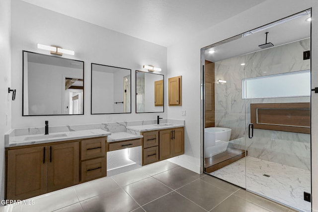 bathroom with independent shower and bath, tile patterned flooring, and vanity