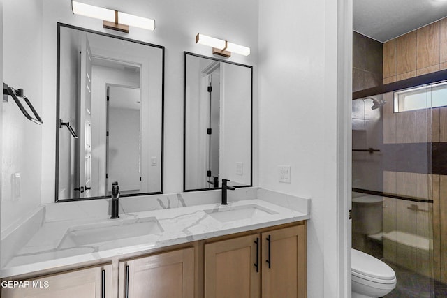 bathroom with toilet, an enclosed shower, and vanity