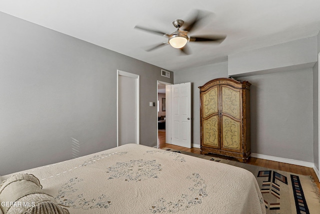 bedroom with ceiling fan and wood-type flooring