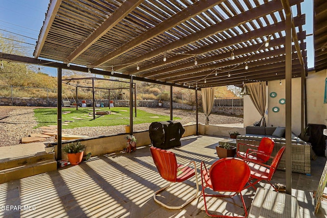 view of patio featuring a pergola and outdoor lounge area