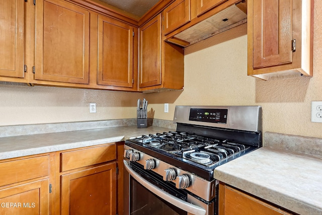 kitchen featuring premium range hood and stainless steel range with gas cooktop