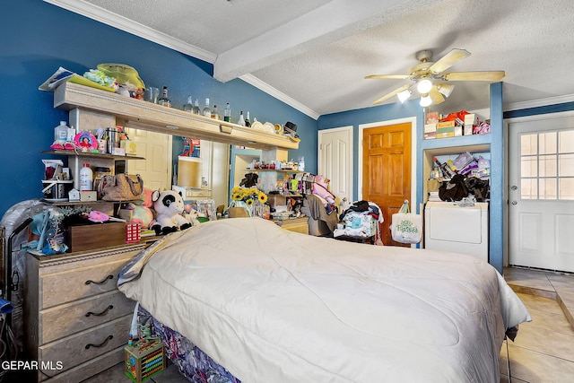 tiled bedroom featuring a textured ceiling, washer / dryer, beam ceiling, ornamental molding, and ceiling fan