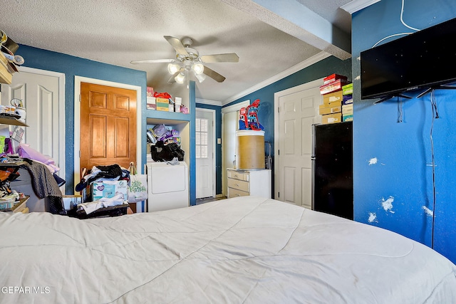 bedroom with a textured ceiling, ceiling fan, stainless steel refrigerator, washer / clothes dryer, and ornamental molding