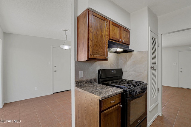 kitchen featuring light tile patterned floors, a textured ceiling, backsplash, and black gas stove