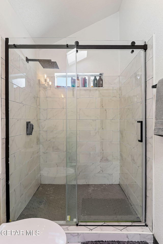 bathroom featuring vaulted ceiling, an enclosed shower, and toilet