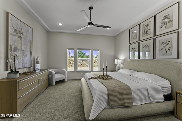12869 Kingsbury Ave, Horizon City, TX 79928 - carpeted bedroom featuring recessed lighting, ornamental molding, and ceiling fan