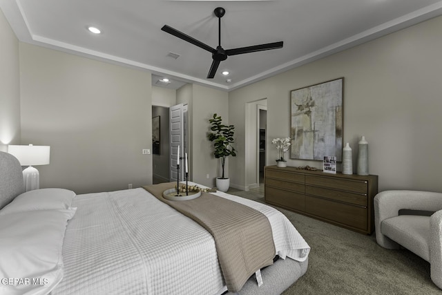 12869 Kingsbury Ave, Horizon City, TX 79928 - carpeted bedroom with recessed lighting and ceiling fan
