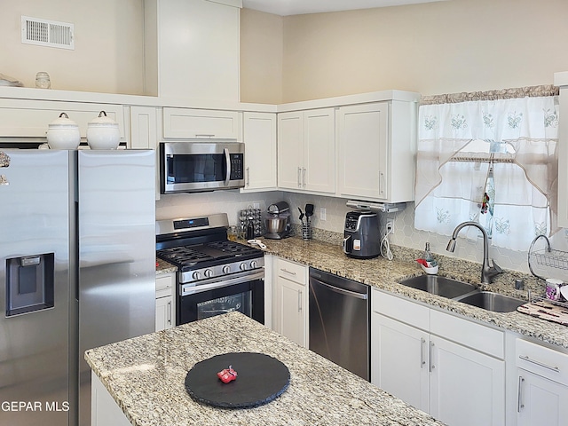 kitchen featuring backsplash, sink, white cabinetry, appliances with stainless steel finishes, and light stone counters