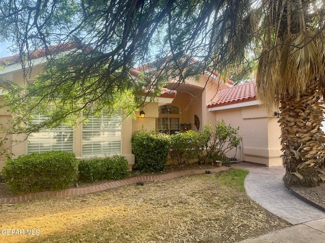 view of front of house with a tiled roof and stucco siding