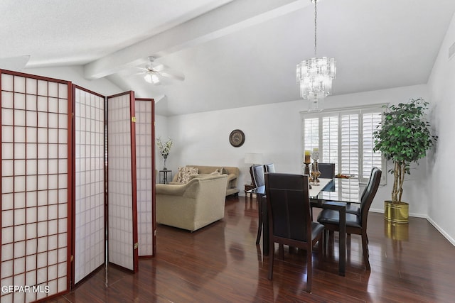 dining area with lofted ceiling with beams, dark wood-style flooring, ceiling fan with notable chandelier, and baseboards