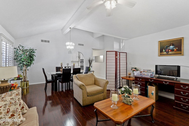 living room featuring vaulted ceiling with beams, hardwood / wood-style flooring, and visible vents