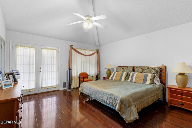 bedroom featuring a ceiling fan, lofted ceiling, wood finished floors, access to exterior, and french doors