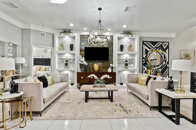 tiled living room featuring an inviting chandelier