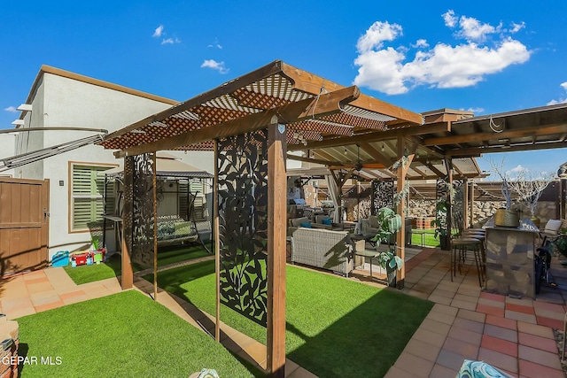 view of patio / terrace featuring an outdoor hangout area and a pergola