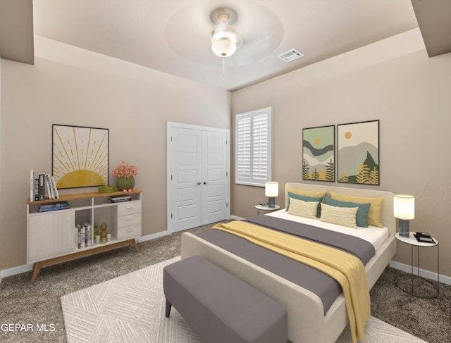 bedroom featuring ceiling fan, carpet flooring, and a closet