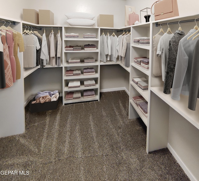 walk in closet featuring dark carpet