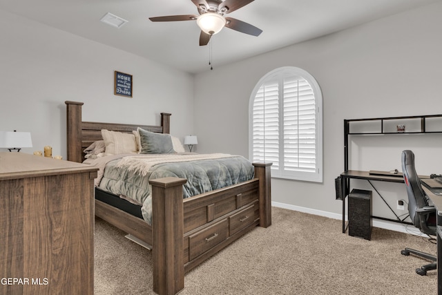 bedroom featuring light carpet and ceiling fan