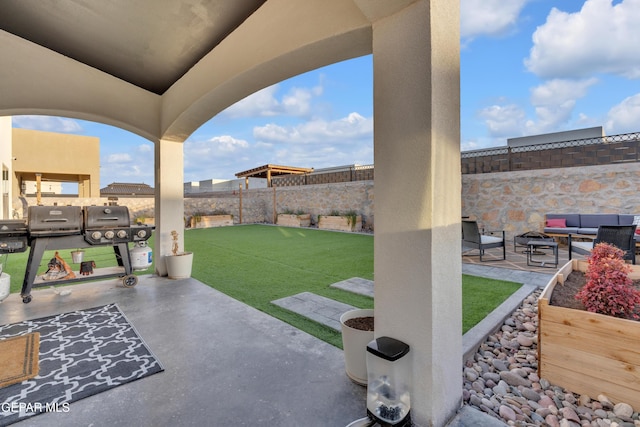 view of patio with outdoor lounge area and a grill