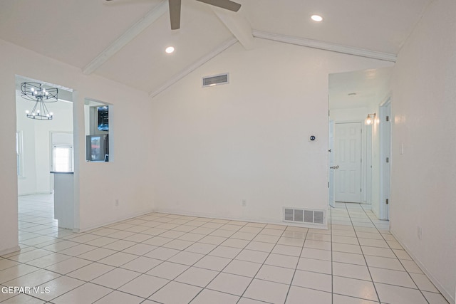 tiled spare room with lofted ceiling with beams and ceiling fan with notable chandelier