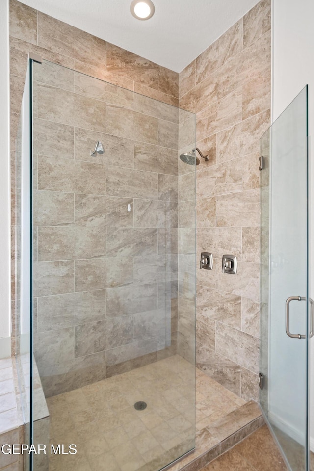 bathroom featuring a shower with shower door