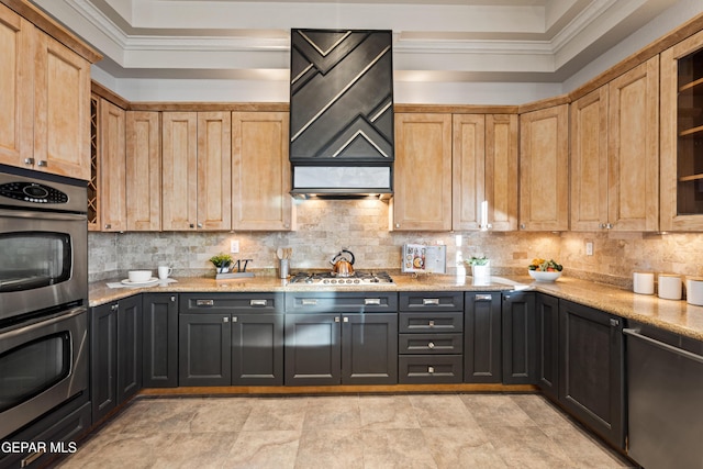 kitchen with tasteful backsplash, premium range hood, crown molding, appliances with stainless steel finishes, and light stone countertops