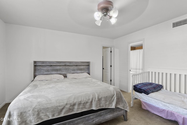 bedroom featuring ceiling fan and carpet flooring