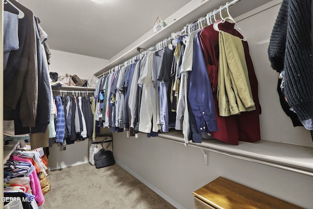 walk in closet with light carpet