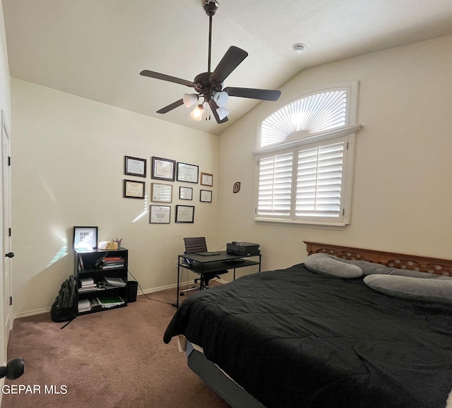 bedroom with light carpet, ceiling fan, and lofted ceiling