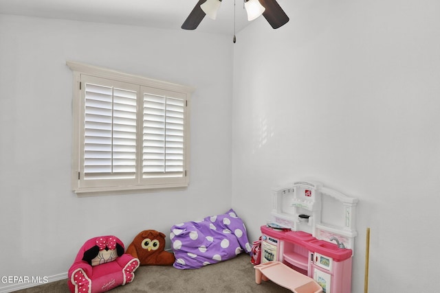 game room featuring ceiling fan and carpet floors