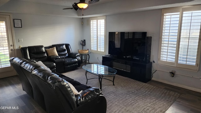 living room with ceiling fan and wood-type flooring