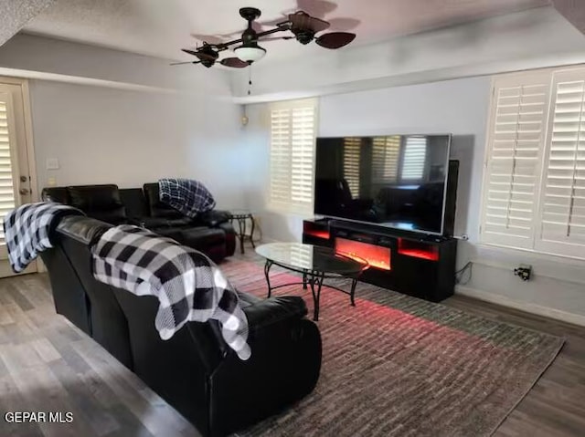 living room featuring ceiling fan and hardwood / wood-style floors