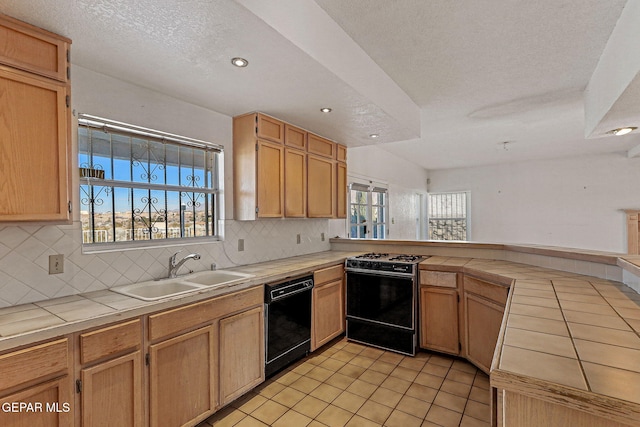 kitchen with dishwasher, decorative backsplash, sink, tile countertops, and gas range