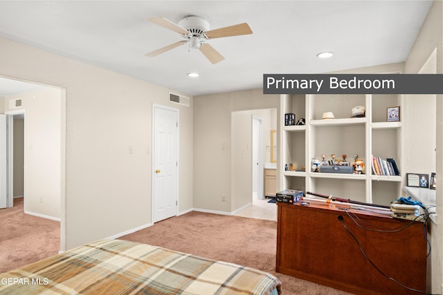 bedroom with ceiling fan and light colored carpet