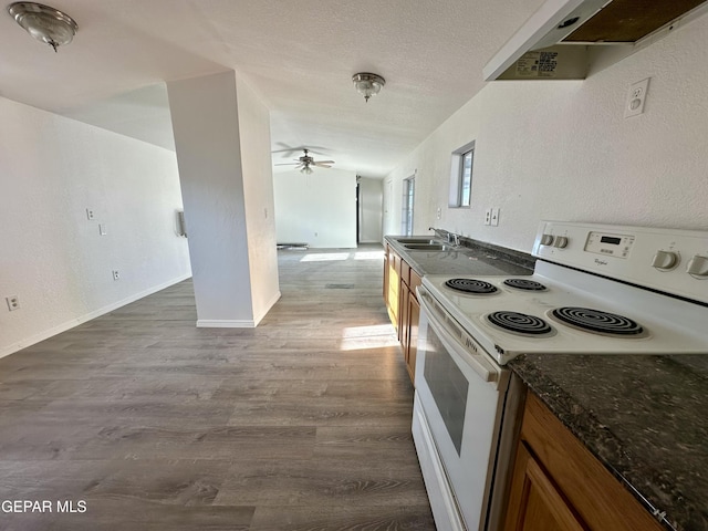 kitchen with lofted ceiling, ceiling fan, white range with electric stovetop, wood-type flooring, and sink