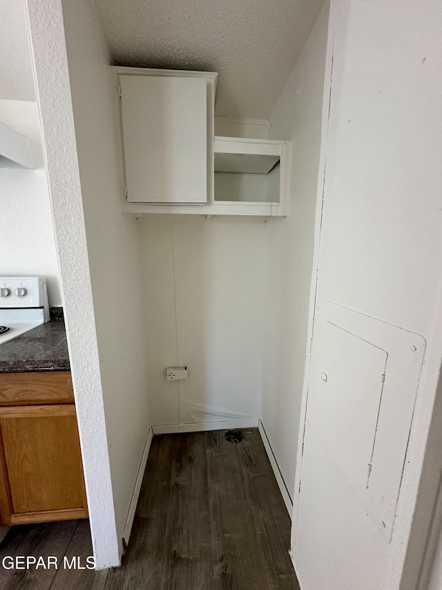 laundry room with a textured ceiling and dark hardwood / wood-style flooring