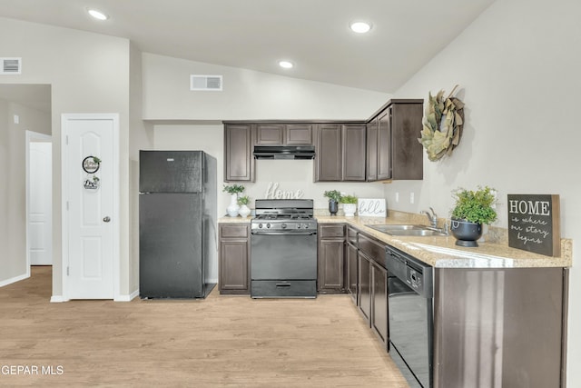 kitchen featuring black appliances, dark brown cabinetry, light hardwood / wood-style floors, and sink