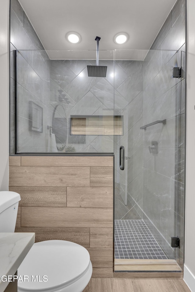 bathroom with vanity, an enclosed shower, and toilet