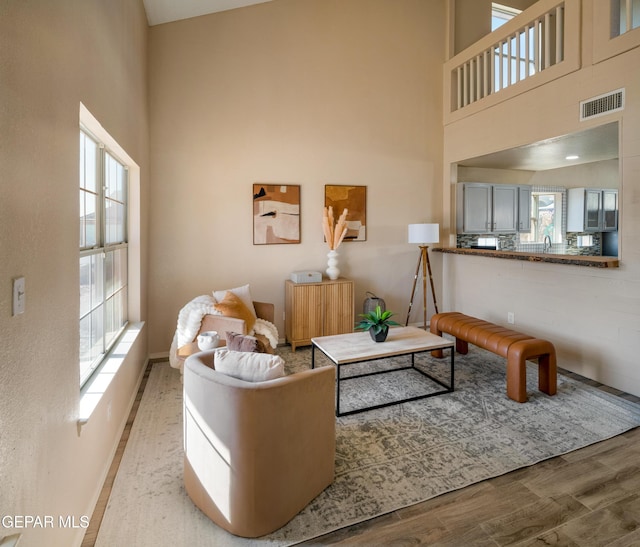 living room featuring a towering ceiling and light hardwood / wood-style floors