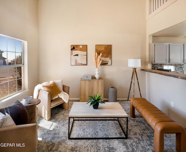 living area with a towering ceiling